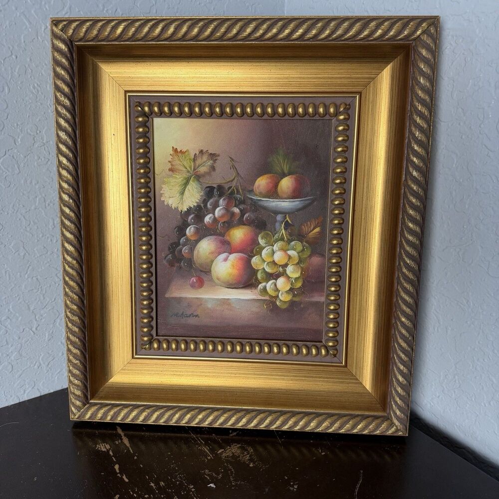 Vintage Signed Still Life Oil Painting Grapes Peaches Fruit 16x14 Ornate Frame